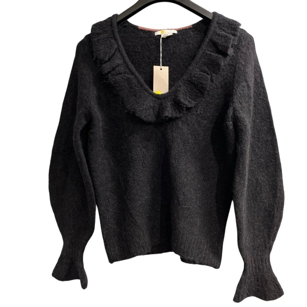 Boden Sweater Black Fluffy Frill Alpaca Wool Blend V Neck Pullover Size S Preppy